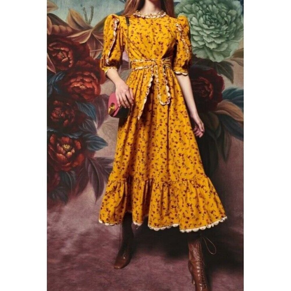 Celia B Dress Sz L Yellow Corduroy Floral Midi Western Prairiecore Anthropologie
